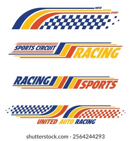 Car and moto sports decals. United Kingdom checkeres halftone designs for racing tournaments and competitions. Sample bold speed text words with linear patterns