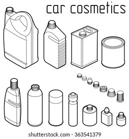 Car Motor And Engine Oil Cans, Anti Freeze, Water And Tire Glue Bottles. Car Cosmetics And Transportation Related Products Set 