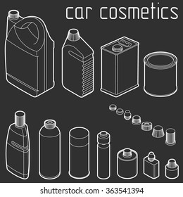 car motor and engine oil cans, anti freeze, water and tire glue. isometric vector design concept. Car cosmetics and transportation related products.