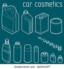 Car Motor And Engine Oil Cans, Anti Freeze, Water And Tire Glue  Isometric Vector Design Concept. Car Cosmetics And Transportation Related Products.