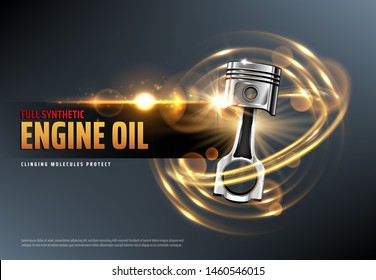 Car motor oil or auto engine synthetic lubricant 3d vector advertising banner with vehicle piston, sparkles and lens flares. Motor oil change station, auto service and car repair promotion