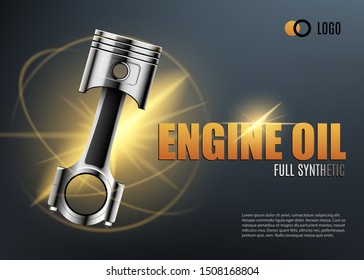 Car motor oil or auto engine synthetic lubricant 3d vector advertising banner with vehicle piston, sparkles and lens flares. Vector illustration