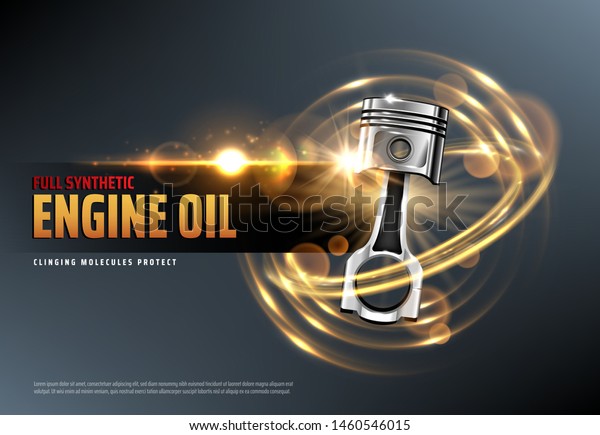 Car\
motor oil or auto engine synthetic lubricant 3d vector advertising\
banner with vehicle piston, sparkles and lens flares. Motor oil\
change station, auto service and car repair\
promotion