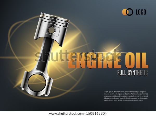 Car motor oil or auto engine synthetic\
lubricant 3d vector advertising banner with vehicle piston,\
sparkles and lens flares. Vector\
illustration