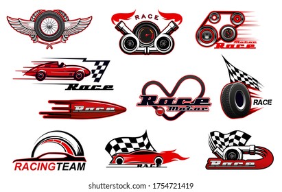 Car motor race and motorsport icons. Vector racing symbols, badges with checkered flag, winged wheel, sport vehicles, speedometer and tyre, turbine and wreath, wings. Racing sport, speed icons