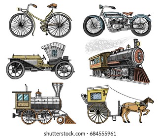 car, motorbike, Horse-drawn carriage, locomotive. engraved hand drawn in old sketch style, vintage passengers transport.