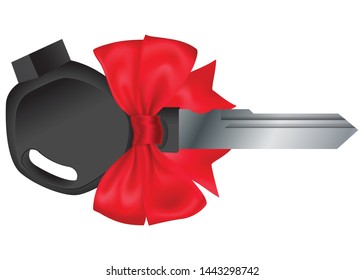 Car or motorbike key Bow tie
 with silver shaft and black handle with hole of a key ring. Isolated on a white background with clipping path 