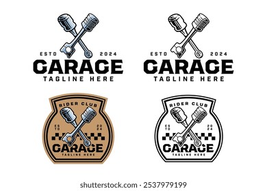 car motorcycle engine piston crossed colorful and outline logo design set for garage, automotive, motorcycle club vehicle engine pistons illustration badge logo template for rider, racing sport 