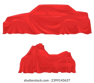 Car and motorcycle hiding under exhibition drapery vector illustration. Different mode of transport vehicles covered with realistic for presentation stage of modern luxury auto show