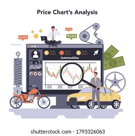 Car and motorcycle production industry online service or platform . Machine manufacturing. Price chart analysis. Isolated flat illustration