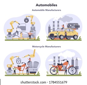 Car and motorcycle production industry set. Vehicle part on the machinery line with robotic hands. Machine engineering and manufacturing, Isolated flat illustration