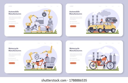 Bannière Web de l'industrie de la production de voitures et de motos ou jeu de pages d'atterrissage. Pièce du véhicule sur la ligne de machines à mains robotisées. Ingénierie et fabrication de machines, illustration à plat Isolée