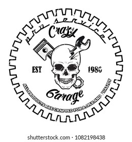 Car and motorcycle repair. Human skull with wrench in mouth. Design elements for poster, emblem, sign, t shirt. Vector illustration, mechanic repair, build and repair, custom vehicle
