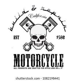 Car and motorcycle repair. Human skull with wrench in mouth. Design elements for poster, emblem, sign, t shirt. Vector illustration, mechanic repair, build and repair, custom vehicle
