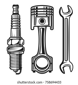 Car or motorcycle repair parts set of vector detailed objects and design elements in monochrome style isolated on white background