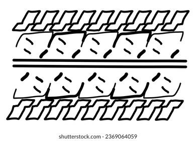 Car and motorcycle tire pattern, wheel tyre tread track. Black tyre print. Car tire line doodle Vector illustration isolated on white background.