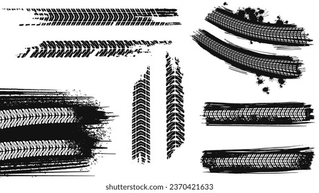 Car and motorcycle tire track vector set. Tire mark. Truck tread mark on the road concept. Vector tire mark from different tread type of car and moto wheel.