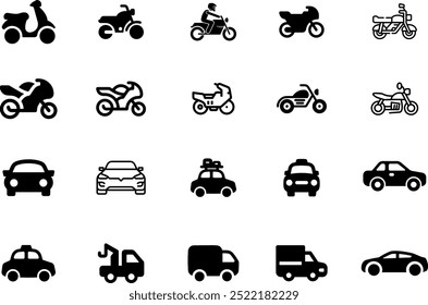 Ícone de transporte de carro e motocicleta. Ilustração de vetor de ícone de linha fina simples em preto