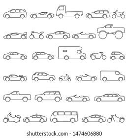 Car and Motorcycle type icons set. Vector black illustration isolated on white background