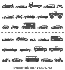 Car and Motorcycle type icons set. Vector black illustration isolated on white background. Variants of model automobile and moto body silhouette for web with title.