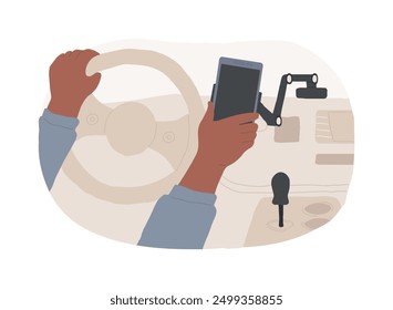 Car mount isolated cartoon vector illustrations. Man puts his phone on universal car mount for navigation, mobile modern technology, gadgets addiction, accessories holder vector cartoon.