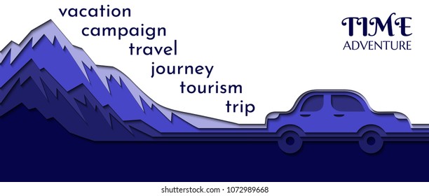 Car and mountains made of several layers of colored paper. Time to travel.