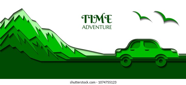 Car and mountains made of several layers of colored paper. Time to travel.