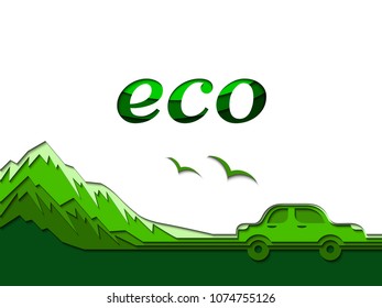 Car and mountains made of several layers of colored paper. Time to travel.