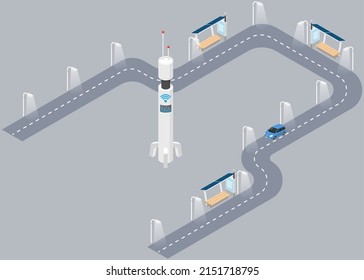 Car moves along road of city with public transport stop with solar panels on roof. Modern smart town concept. Automobile driving on highway. Renewable energy technologies with green electricity