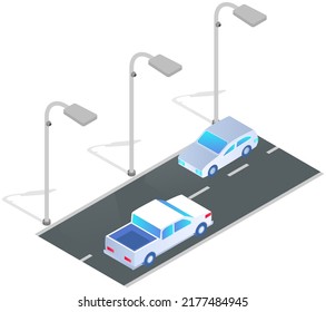 Car moves along road of city with public transport. Modern smart town with autonomous street lighting system. Automobile driving on highway. Renewable energy technologies with green electricity