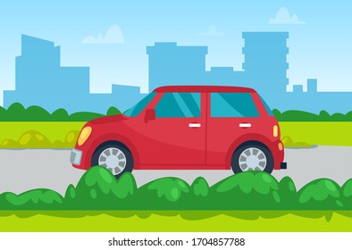 Car moving by road, skyscraper view, transportation equipment in city. Red automobile going near buildings in downtown, auto in town, green plant vector