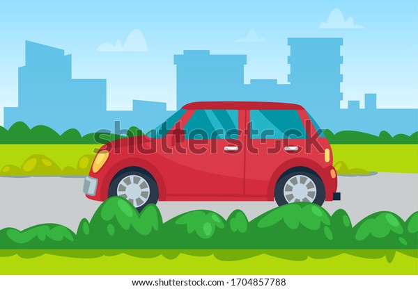 Car moving by road, skyscraper view,\
transportation equipment in city. Red automobile going near\
buildings in downtown, auto in town, green plant\
vector
