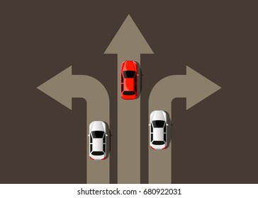 Car moving in different directions. Leader concept. Way to success. Vector illustration.