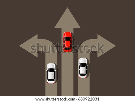 Car moving in different directions. Leader concept. Way to success. Vector illustration.