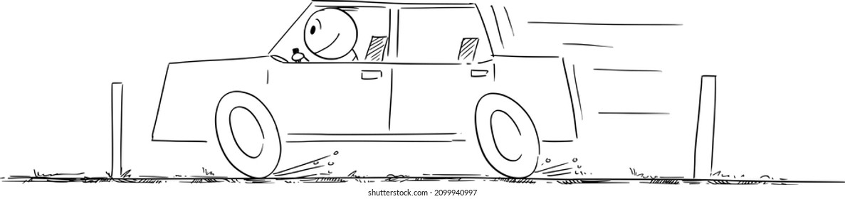 Car moving fast on the road, driver is smiling and enjoying the speed, vector cartoon stick figure or character illustration.