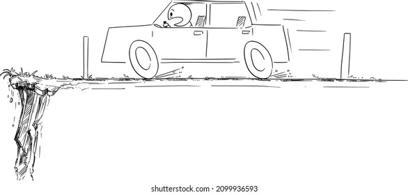 Auto bewegt sich schnell, Ende der Straße, Fahrer ist schockiert, Naturhindernis, Vektorgrafik-Illustration.