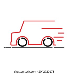 Coche que avanza en la ilustración del vector de la carretera. Diseño del vehículo en movimiento para el logotipo.