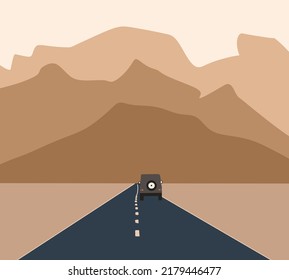 Car moving toward to the mountain on highway road countryside. Road trip landscape Concept. Rural scene. Summer Vacation.