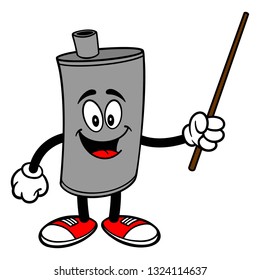Car Muffler Mascot with a Pointer - A vector cartoon illustration of a car muffler mascot holding a Pointer stick.