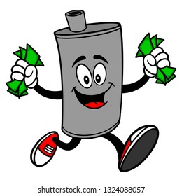 Car Muffler Mascot running with Money - A vector cartoon illustration of a car muffler mascot running with money.