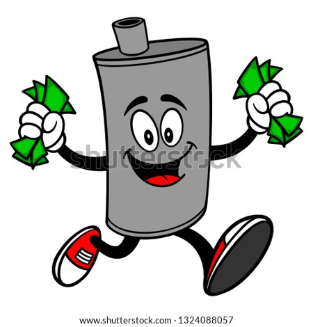 Car Muffler Mascot running with Money - A vector cartoon illustration of a car muffler mascot running with money.