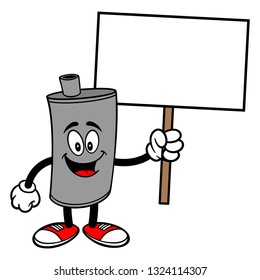 Car Muffler Mascot with Sign - A vector cartoon illustration of a car muffler mascot holding a blank Sign.