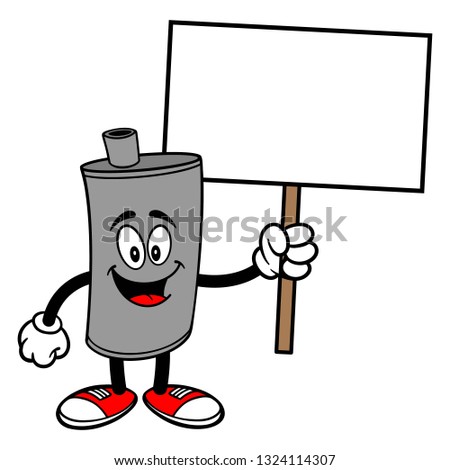 Car Muffler Mascot with Sign - A vector cartoon illustration of a car muffler mascot holding a blank Sign.