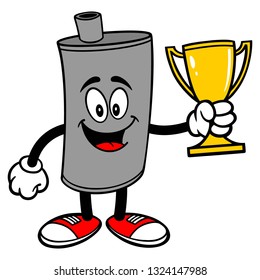 Car Muffler Mascot with Trophy - A vector cartoon illustration of a car muffler mascot holding a Trophy.