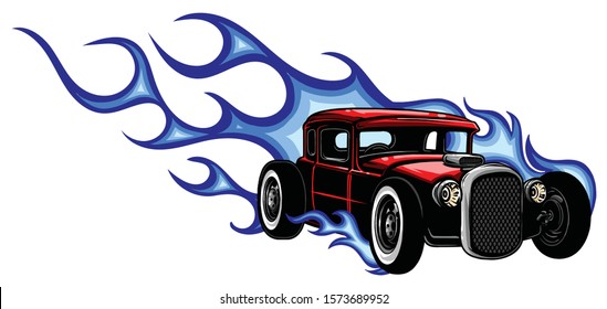 Car muscle old 70s vector illustration with flames