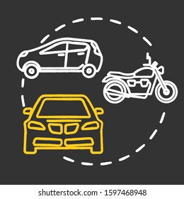 Car museum chalk concept icon. Automotive technology historical exposition. Mechanical bike model. Automobile and motorcycle exhibition idea. Vector isolated chalkboard illustration