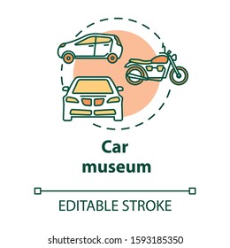 Car museum concept icon. Automotive technology historical exposition. Automobile and motorcycle exhibition idea thin line illustration. Vector isolated outline drawing. Editable stroke