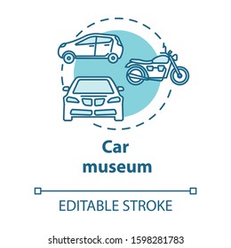 Car museum concept icon. Automotive technology historical exposition. Automobile and motorcycle exhibition idea thin line illustration. Vector isolated outline drawing. Editable stroke