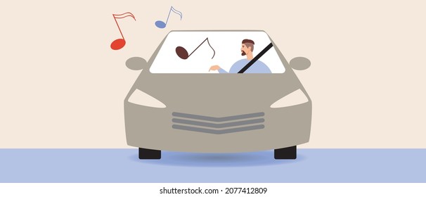 Car music  male music lover driver  Flat vector stock illustration  Car subwoofer sound  The car driver is listening to music  Notes as concept music  Auto frontal view  Vector illustration