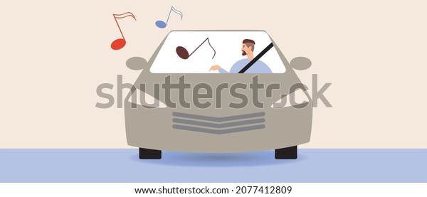 Car music, male music lover driver. Flat\
vector stock illustration. Car subwoofer sound. The car driver is\
listening to music. Notes as a concept of music. Auto frontal view.\
Vector illustration
